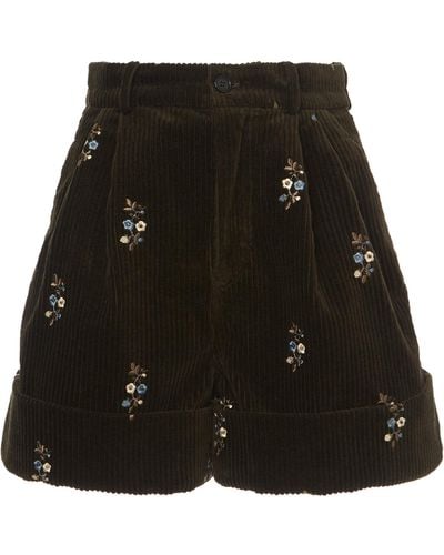 Alanui Floral-embroidered Cotton Corduroy Pleated Shorts - Green