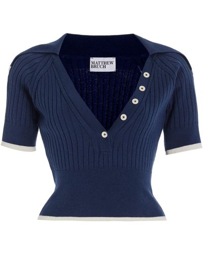 Matthew Bruch Exclusive Ribbed-knit Cotton-blend Cropped Top - Blue