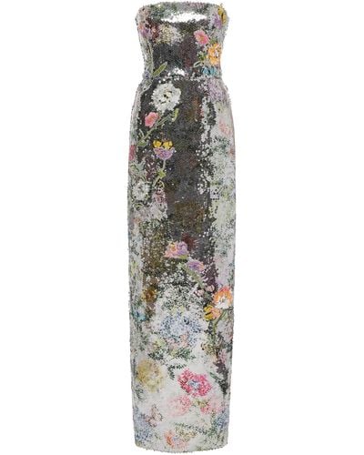 Monique Lhuillier Embroidered And Sequined Strapless Gown - Metallic