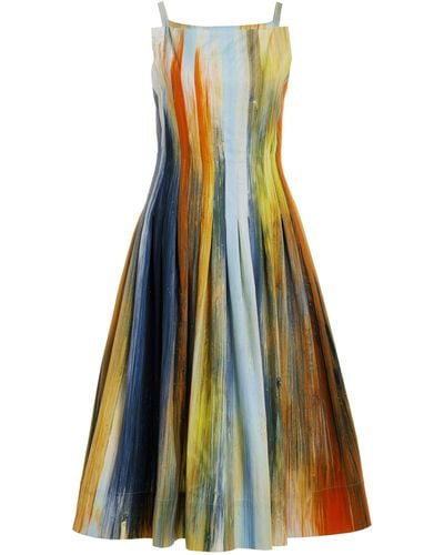 Oscar de la Renta Pleated Cotton Sateen Midi Dress - Multicolour