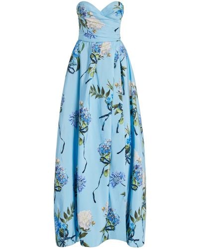 Monique Lhuillier Printed Strapless Silk Gown - Blue