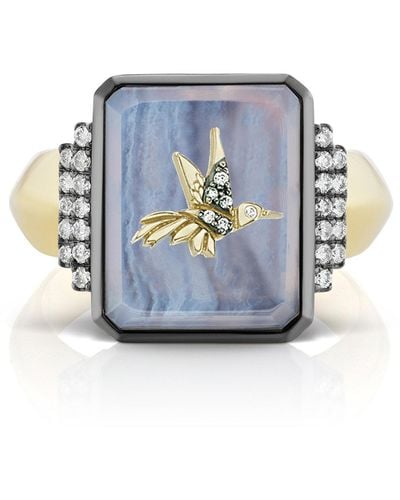 Sorellina Hummingbird 18k Yellow Gold Agate, Diamond Signet Ring - Blue