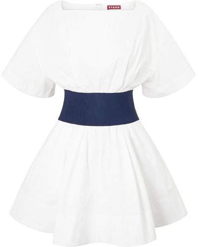 STAUD Amy Denim-paneled Cotton Poplin Mini Dress - White