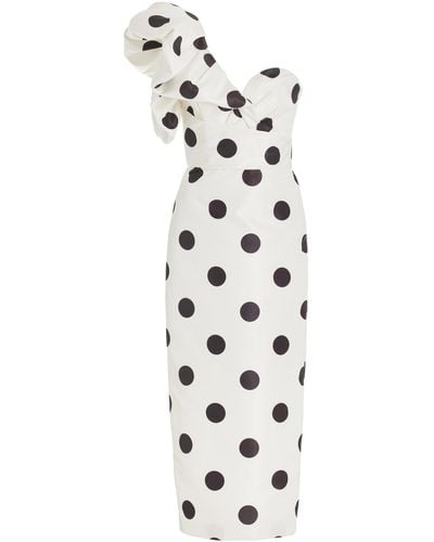 Monique Lhuillier One-shoulder Polka-dot Faille Midi Dress - White