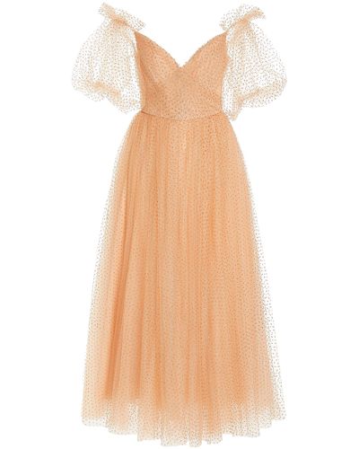 Monique Lhuillier Glittered Tulle Off-the-shoulder Maxi Dress - Natural