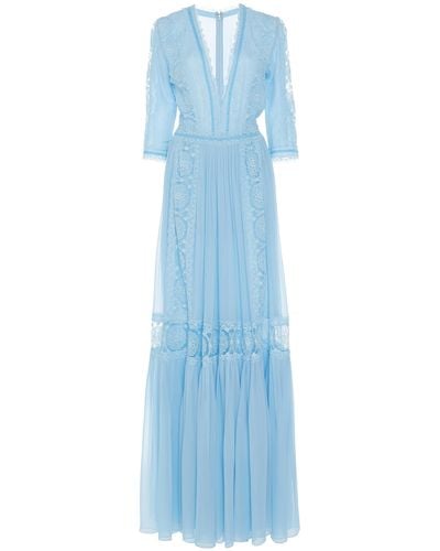 Costarellos Lace-trimmed Embroidered Silk-chiffon Maxi Dress - Blue