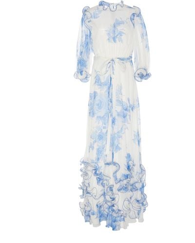 Lela Rose Ruffled Floral Cotton Voile Dress - Blue