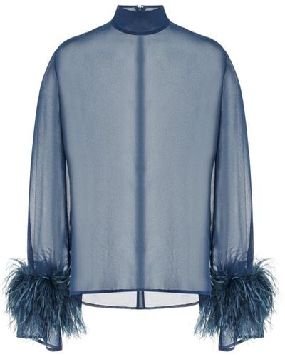 LAPOINTE Feather-trimmed Sheer Georgette Top - Blue