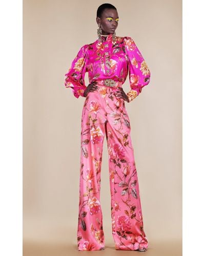 Andrew Gn Printed Silk Wide-leg Pants - Pink