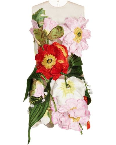 Oscar de la Renta Painted Poppies Floral-appliquéd Mini Dress - White