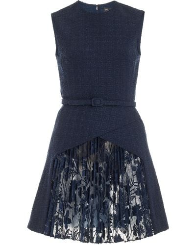 Oscar de la Renta Pleated Wool-tweed Mini Dress - Blue
