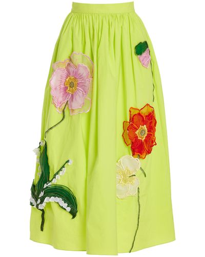 Oscar de la Renta Floral-appliquéd Cotton Maxi Skirt - Green