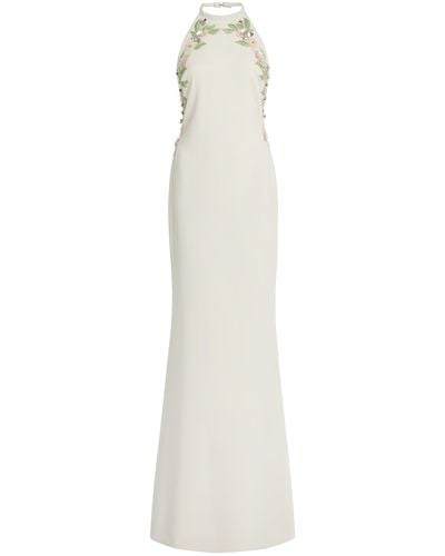 Elie Saab Embroidered Cady Halter Maxi Dress - White