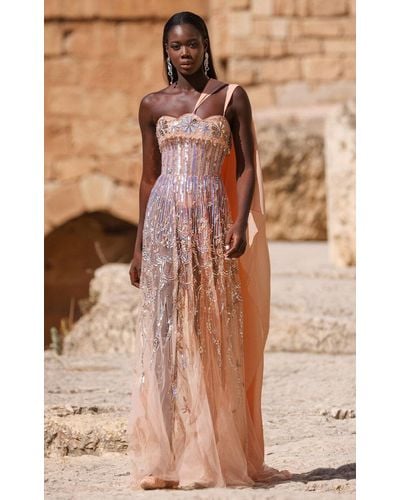 Georges Hobeika Embellished Tulle Maxi Dress - Brown