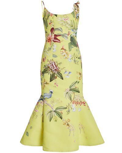 Oscar de la Renta Floral & Fauna Flared Midi Dress - Yellow