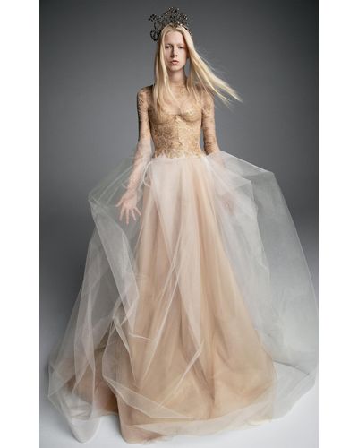 Vera Wang Maria Theresa Tulle A-line Long Sleeve Gown With Chantilly Lace Bodice - Natural