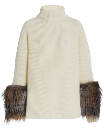 LAPOINTE Fur-trimmed Oversized Cashmere-silk Turtleneck Jumper - White