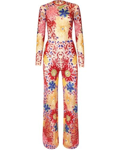 Naeem Khan Abstract Floral Beaded Jumpsuit - Red