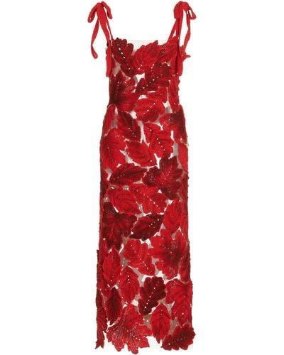 Oscar de la Renta Crochet Leaves Midi Dress - Red