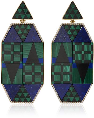 Casa Castro 18k Yellow Gold Multi-gem Mosaic, Diamond Earrings - Green