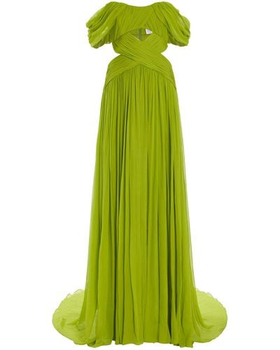 Pamella Roland Pleated Silk-chiffon Off-the-shoulder Gown - Green