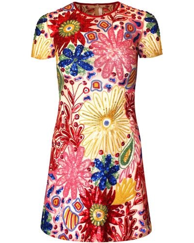 Naeem Khan Abstract Floral Beaded Dress - Red