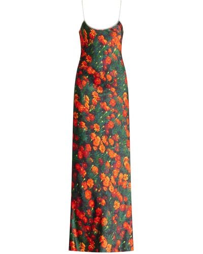 Bevza Marigold Printed Satin Maxi Slip Dress - Red