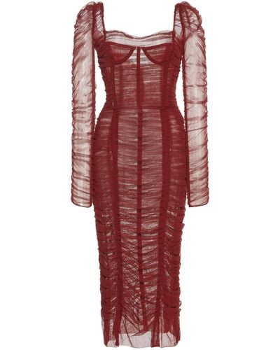 Dolce & Gabbana Ruched Tulle Midi Dress - Red