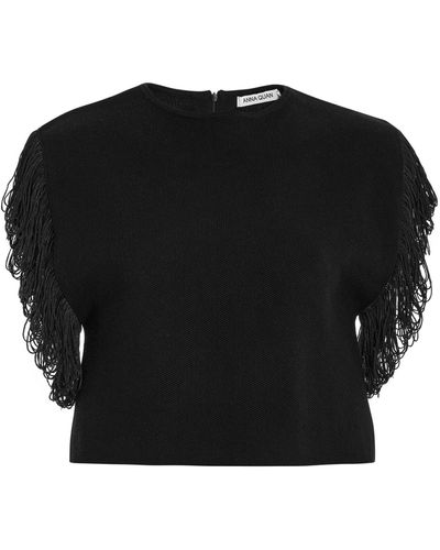 Anna Quan Veronique Fringed Cotton Cropped Top - Black