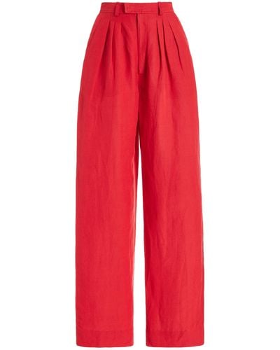 Posse Exclusive Louis Pleated Linen Straight-leg Trousers - Red