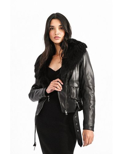 Molly Bracken Blouson motard avec col imitation fourrure - Noir