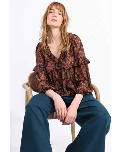 Molly Bracken Blouse col V volanté - Bleu