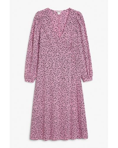 Monki Pink Floral Long Sleeve V-neck Dress - Purple