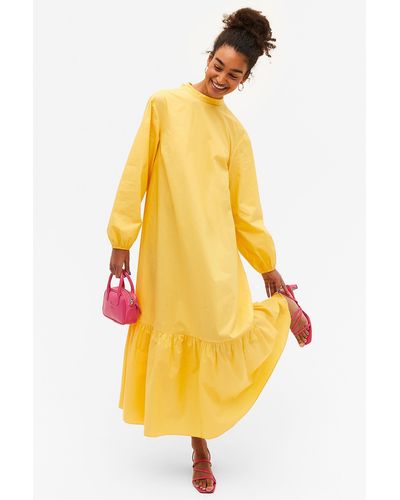 Monki Long Sleeve Yellow Dress With Neck Bow