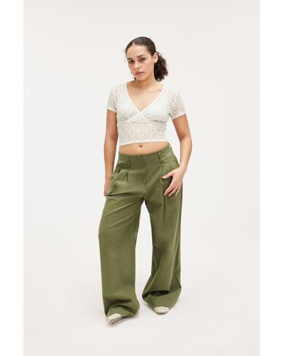 Monki Relaxed Linen Blend Trousers - Green