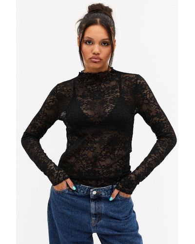 Monki Long Sleeved Sheer Lace Top - Black