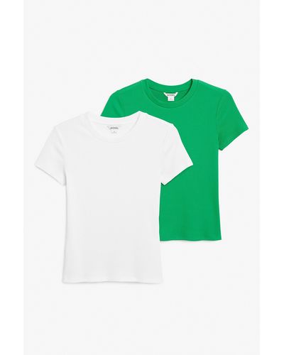 Monki Pack Of 2 White & Green Ribbed T-shirts