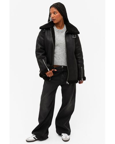Monki Oversized Faux Leather Aviator Jacket - Black