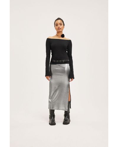 Monki Shiny Ribbed Maxi Skirt - Grey