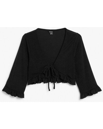 Monki Cropped Ruffle Cardigan With Tie Front - Black