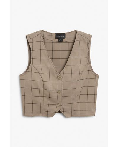 Monki Grid Checked Cropped Single-breasted Waistcoat - Grey