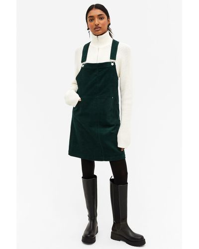 Monki Knee Length Corduroy Dungaree Dress - Green