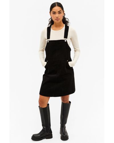 Monki Knee Length Corduroy Dungaree Dress - Black