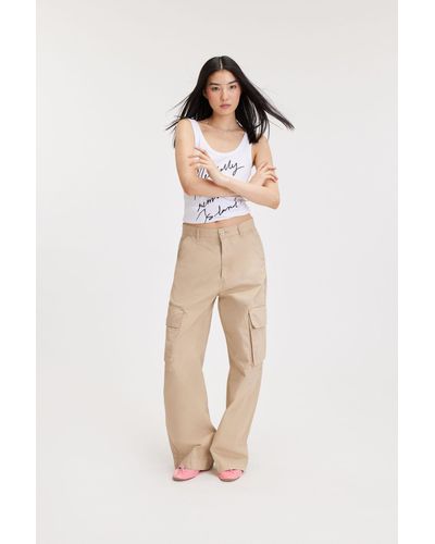 Monki Cargo Trousers Low Waist Loose Fit Cotton Beige - Natural