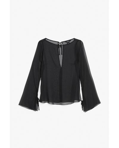 Monki Sheer Bell Sleeved Boat Neck Blouse - Black