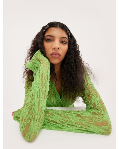 Monki Long Sleeved Structured Lace Shirt - Green