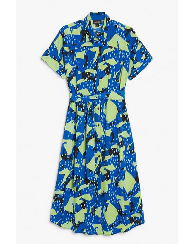 Monki Blue Collage Print Belted Dress