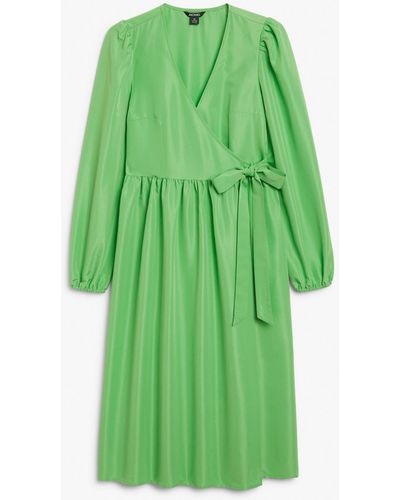 Monki Puff Sleeve Wrap Midi Dress - Green