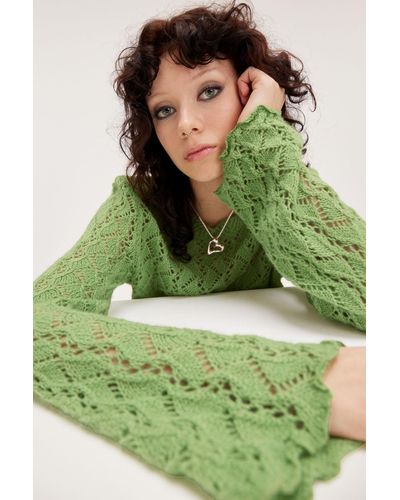 Monki Long Sleeve Lace Knit Jumper - Green