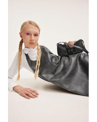 Monki Pinafore Faux Leather Mini Dress - Grey
